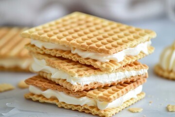 Crispy waffle layers sandwiching a smooth, white cream filling create a tempting and visually appealing treat