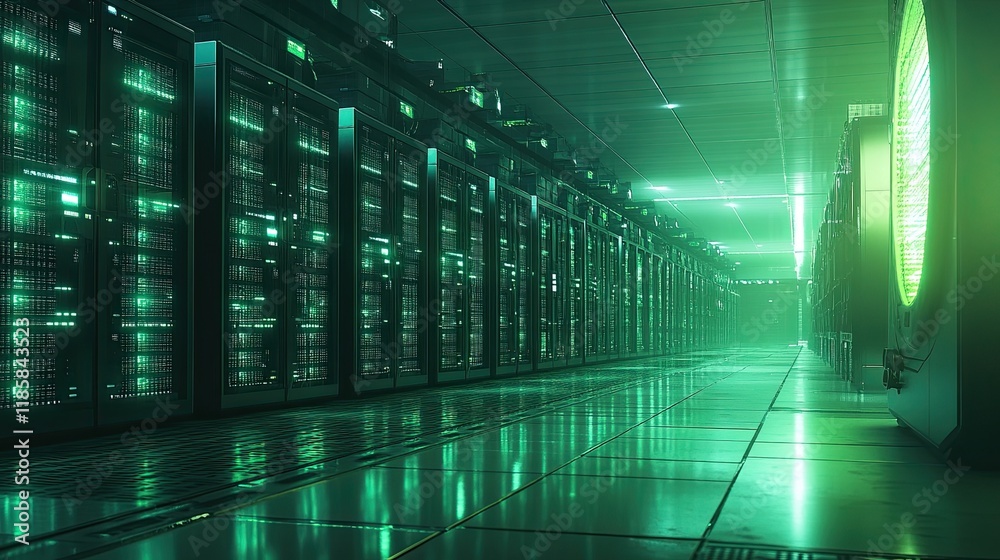 Wall mural a high-tech data center with rows of servers and a digital green and blue color scheme creates a fut
