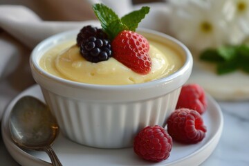 Creamy lemon posset decorated with fresh berries and mint leaves, ready to be enjoyed