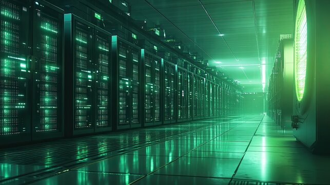 A high-tech data center with rows of servers and a digital green and blue color scheme creates a futuristic atmosphere, offering the ideal setting for tech-inspired designs. 