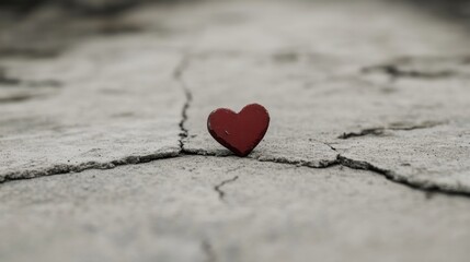 Fototapeta premium Small red heart on cracked ground, depicting fragility and resilience.