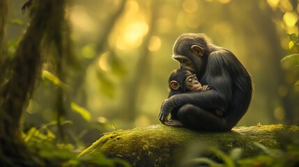 Obraz premium Mother chimpanzee tenderly cradles her infant in a lush, sun-dappled rainforest.