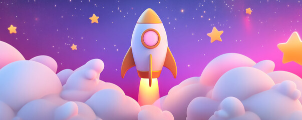 Friendly rocket navigating through glowing cosmic clouds and stars, creating whimsical atmosphere of adventure and exploration in vibrant night sky