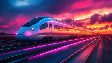 Naklejka premium Futuristic high-speed train speeding through vibrant sunset landscape.