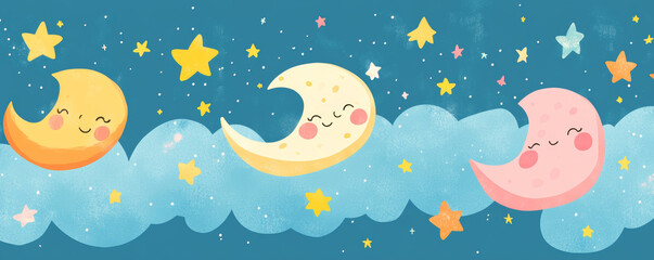 Happy celestial objects in playful starry background with smiling moons and stars. This whimsical illustration evokes joy and wonder in dreamy night sky