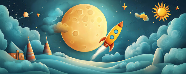 Colorful rocket soaring through whimsical landscape with large moon, playful sun, and fluffy clouds, creating joyful and adventurous atmosphere