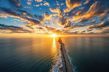 Obraz premium A breathtaking sunset over a narrow ocean coastline, vibrant clouds reflecting in the water, golden hues in the sky and horizon. Ai generative