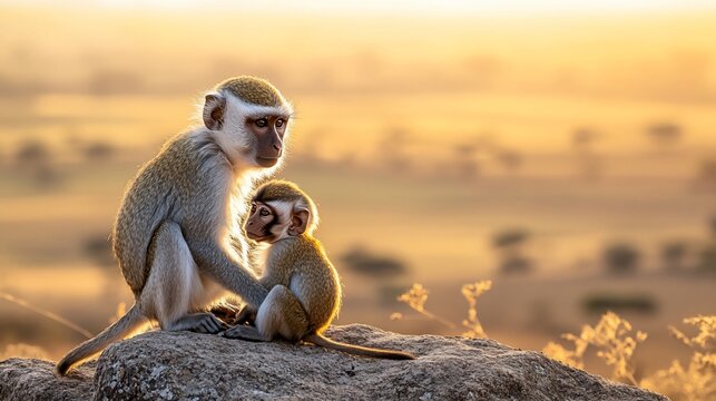 Mother monkey and baby monkey at sunset.