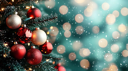 Fototapeta premium Christmas Tree Decorates with Ornaments, Lights, and Gently Falling Snow