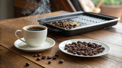 A cup of steaming hot coffee sits next to a plate of roasted coffee beans on a wooden table, with the beans slightly warmed by a griddle in the background, breakfast, brown, kitchen