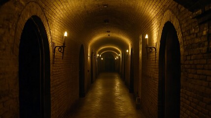 Obraz premium Dark brick arched hallway with candlelight.