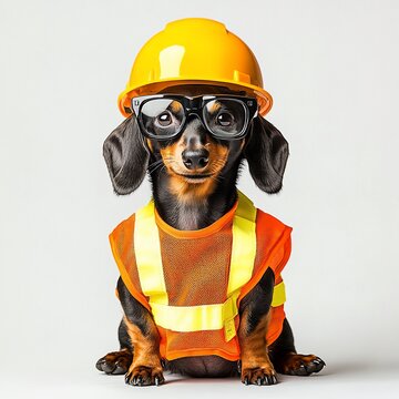Dachshund dog wearing a hard hat, safety glasses, and safety vest.