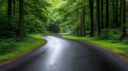 Serene Winding Road Through Lush Green Forest