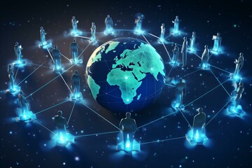 Fototapeta premium Businesspeople standing on glowing platforms are connected by lines of light around a rotating globe