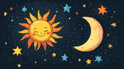 Naklejka premium Smiling sun and moon with colorful stars in night sky, perfect for nursery decor. This cheerful illustration brings warmth and joy to any child room