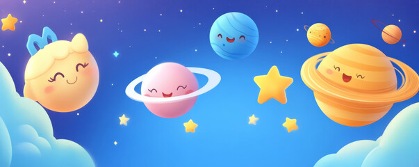 Cute cartoon planets with smiling faces, stars, and clouds in colorful space background. joyful and whimsical illustration perfect for children themes