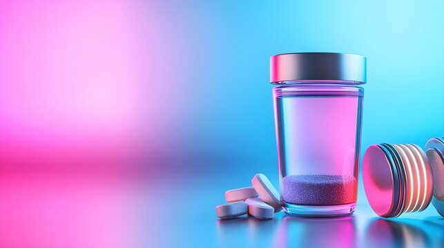 Health and wellness scene, protein powder beside workout gear, vibrant lighting, clean space for text overlay, dynamic and motivating appeal