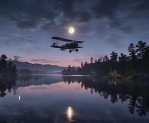 Fototapeta premium A biplane aircraft flies low over a peaceful lake at twilight with the moon rising above the horizon, gentle flight, peaceful atmosphere, moonrise