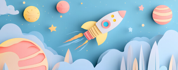 whimsical paper cut scene featuring colorful rocket flying through dreamy sky filled with planets and stars, evoking sense of adventure and imagination