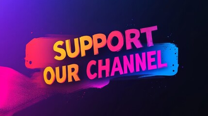 Eye-catching vibrant graphic design of text encouraging viewers to support a content creation channel with colorful splashes and a modern aesthetic background.