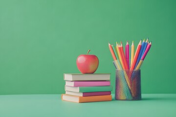 School supplies on green backdrop