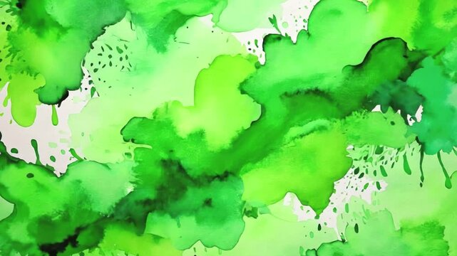 Green watercolor background, painted paper texture, abstract watercolor blotches and brush strokes