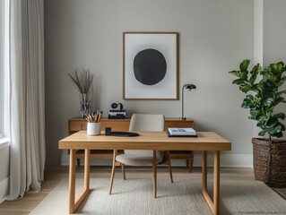 Minimalist home office with wooden desk, chair, and artwork.