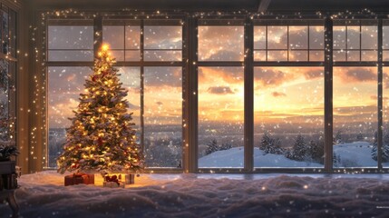 Fototapeta premium A Christmas tree glowing brightly in front of a large window with snow falling outside