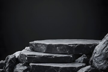 Dark stone podium, product display, rocks, background