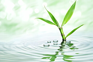 Green Bamboo Grows in Water with Ripples Peacefully and Quietly