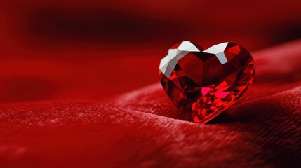 Naklejka premium A heart-shaped ruby gemstone sitting on a rich red velvet background