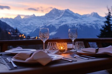 Romantic dinner table set for two with stunning mountain sunset view.