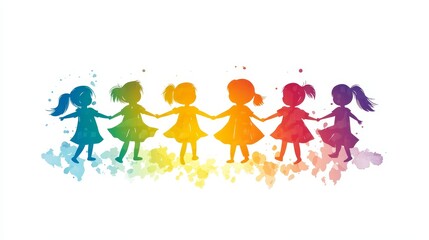 Fototapeta premium Colorful Silhouette of Happy Children Holding Hands in a Line Celebrating Friendship and Unity, Perfect for Themes of Joy, Togetherness, and Playfulness in Design Projects
