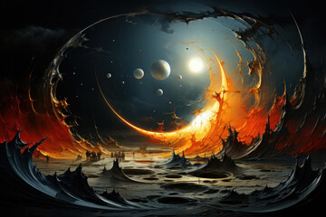fantastic scene with surreal landscape. At the center of the image is a huge sphere, half illuminated by bright light, resembling a sun or planet in the process of exploding. 