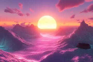 Retro Sunset Over Wireframe Mountains