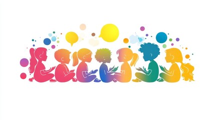 Fototapeta premium Colorful Illustration of Diverse Children Sitting in a Row Engaged in Reading with Speech Bubbles and Stylized Background Elements for Creative Projects