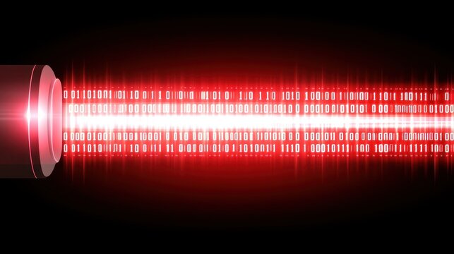 Red glowing binary code stream from a cable.