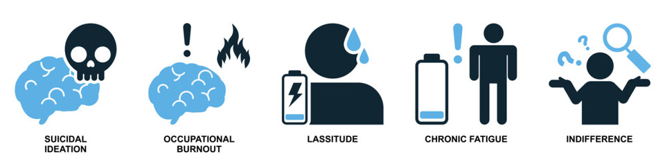 Psychology Icon Set: Suicidal Ideation, Occupational Burnout, Lassitude, Chronic Fatigue, and Indifference Mental Health Vector Illustrations for Emotional Awareness