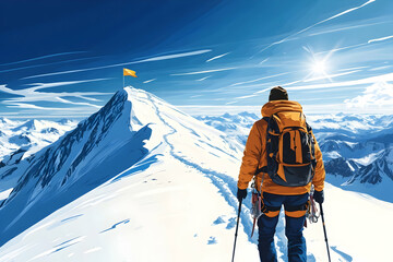 Climber Ascends Snowy Mountain Peak with Flag Triumphantly on Sunny Day