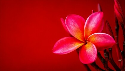 Fototapeta premium close up of red frangipani flower, red background, copy space