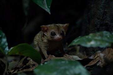 Fototapeta premium Close-up of a small nocturnal primate, eyes wide open, sitting amidst lush green foliage on the forest floor at night.