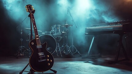 Electric guitar on stage with drums and keyboard
