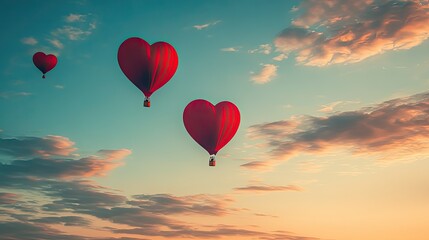 Fototapeta premium Three Heart-Shaped Hot Air Balloons Soaring Through a Sunset Sky