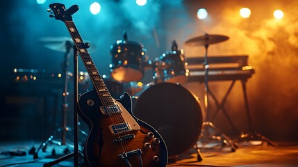 Fototapeta premium Electric Guitar On Stage With Drum Kit And Keyboard
