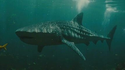 Fototapeta premium A whale shark swims gracefully underwater, surrounded by smaller fish.