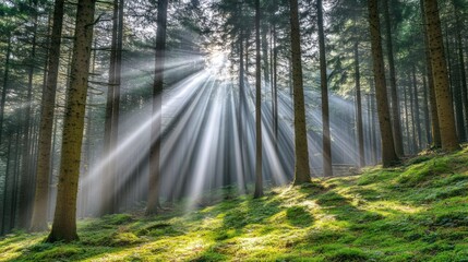 Obraz premium Sunbeams stream through misty forest, illuminating moss-covered ground.