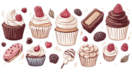 Pastry shop emblem. Patisserie sweets banner. Vector icons of cupcakes, cakes, confectionery, dessert, muffin, biscuit for signboard, tag sticker label