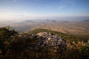 Views from the southern mountains of Oaxaca of the community of Teotitlan del Valle in the Central Valley of the Oaxaca region in Mexico.