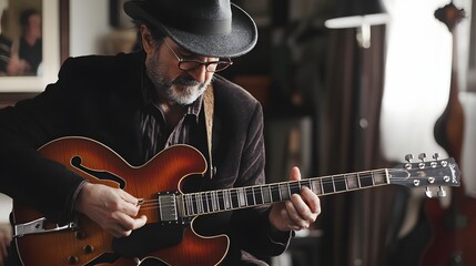 Obraz premium Man in Hat Playing a Hollow Body Guitar