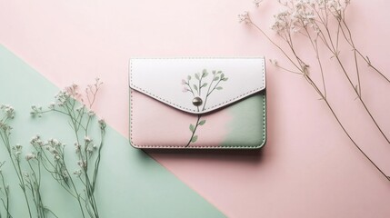 A womens wallet with a floral pattern displayed on a spring-inspired pink and green background